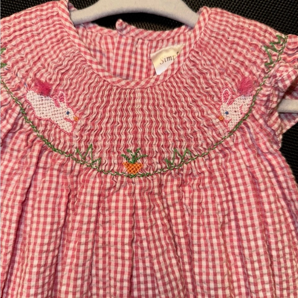 Pink Gingham Smocked Dress with Bunny Embroidery